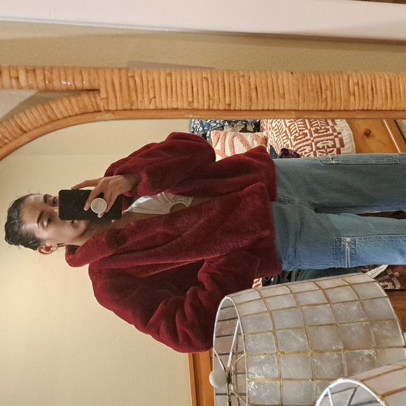 JCrew Red Faux Fur Jacket Womens L/Fits Smaller - Picture 5 of 8